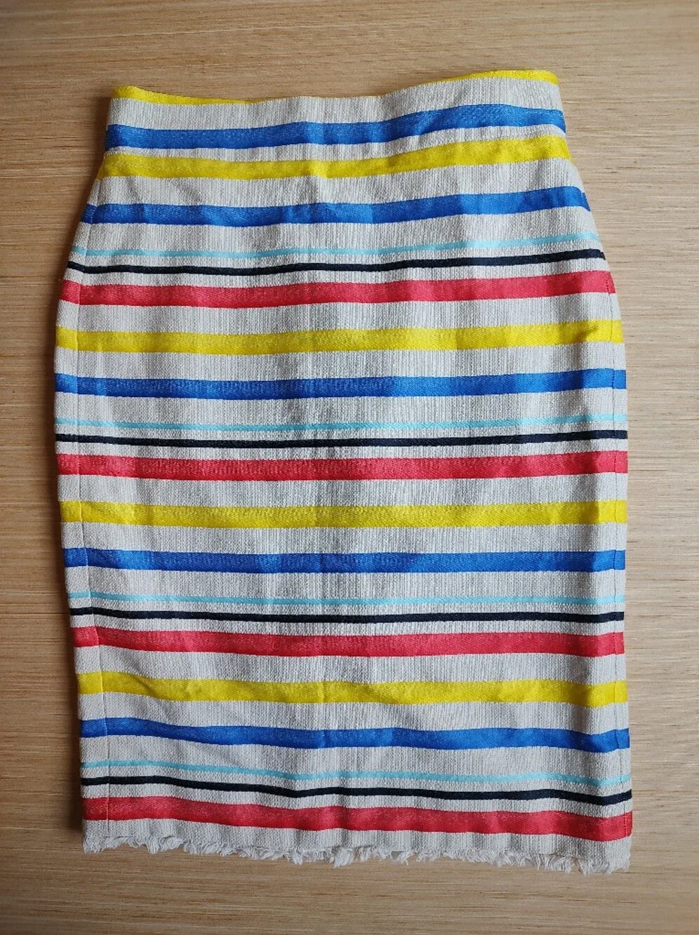 J Crew Striped Pencil Knee Skirt Fringe Red Yellow Blue Cream Lined 4 Back Slit